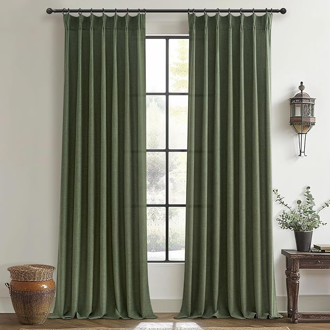 PleatedDrapes Vintage Moody Green Lodon Curtains for Living Room, Linen Blend Semi Sheer Pinch Pleated Drapes 108 Inches Long 2 Panels Set Light Filtering Privacy Window Olive Dark Academia Decor