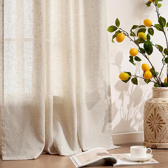 jinchan Custom Size Curtain Beige Linen Blend Curtain 1 Panel for Bedroom Living Room Light Filtering Natural Farmhouse Rustic Drape with Rod Pocket Back Tab (Ecru)