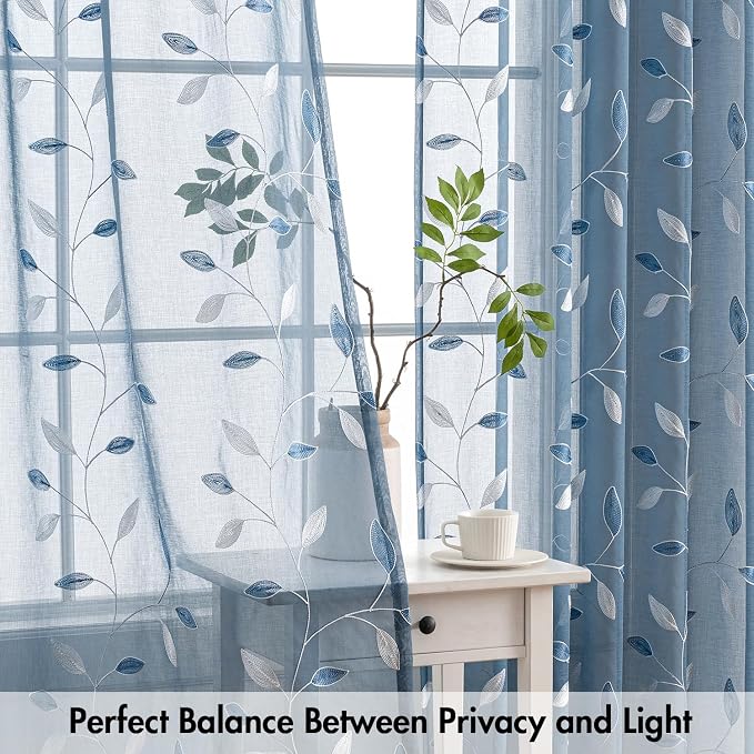 MIULEE Stone Blue Sheer Curtains 2 Panels Leaf Patterned, W52 x L63 | Embroidered Floral Semi Sheer,Rod Pocket,Faux Linen,Short Window Curtains Drapes Set for Kitchen/Bathroom/Cafe