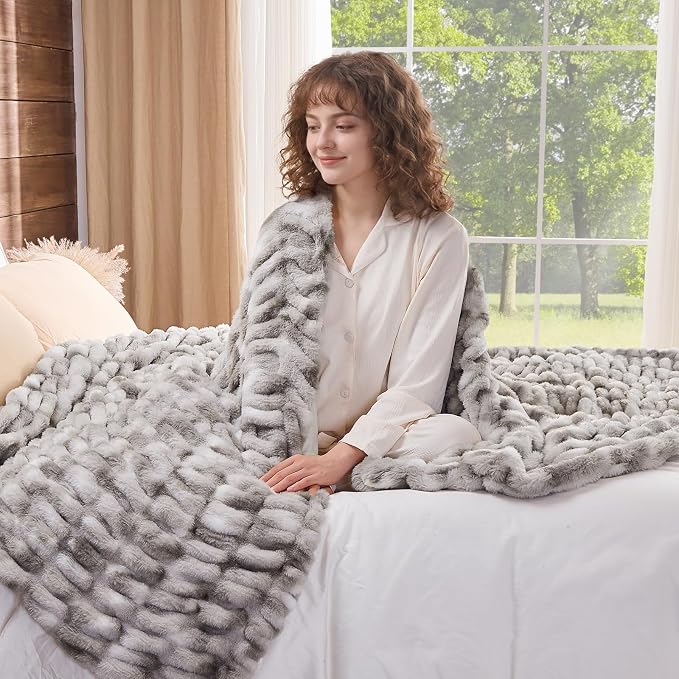 Lotus Karen Faux Fur Throw Blanket, 900 GSM Dual-Sided Soft Ruched Twin Blanket for Couch, Fluffy Cozy Fuzzy Plush Throw Gifts for Women Man Bedroom Living Room (Tie-Dye Dark Gray, 60"x80")