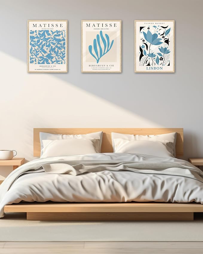 KensTro 12x16 Oak Picture Frames Set of 3 with Blue Art Prints | Natural Solid Oak Wood Frames with 3 Coordinating Blue Prints for Posters, Photos, Paintings and Gallery Wall Décor