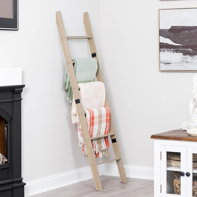 Blanket Ladder for the Living Room and Bedroom, Quilt Rack, Smokey Oak | 5ft 8 inch, 6-Tier Wall Leaning Blanket Holder, Laminate Snag Free, Rustic Decorative Farmhouse Ladder Shelf for Blankets