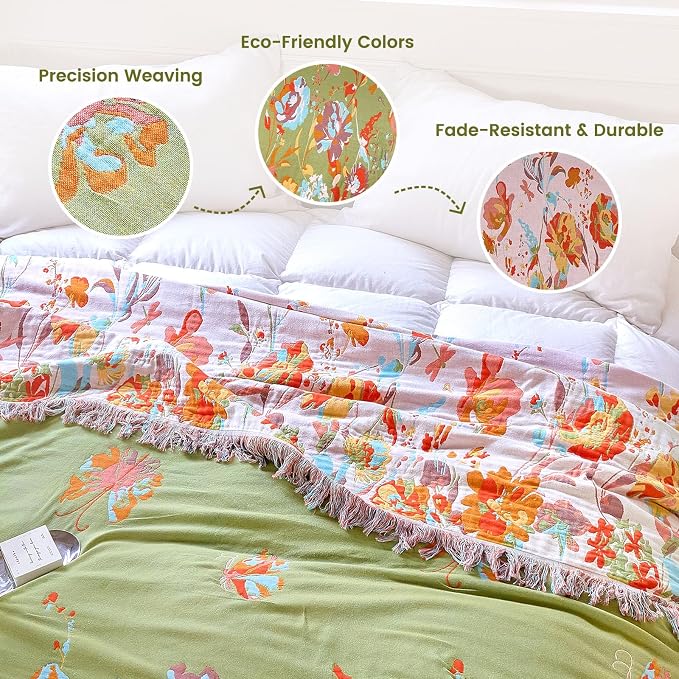 MSGKV Boho Throw Blanket 60"x80" Summer Cotton Butterfly Floral Blanket | Butterfly Floral Pattern, Muslin Throw, Reversible Woven, Lightweight Comfort, Farmhouse Decor, All Season, Machine Washable