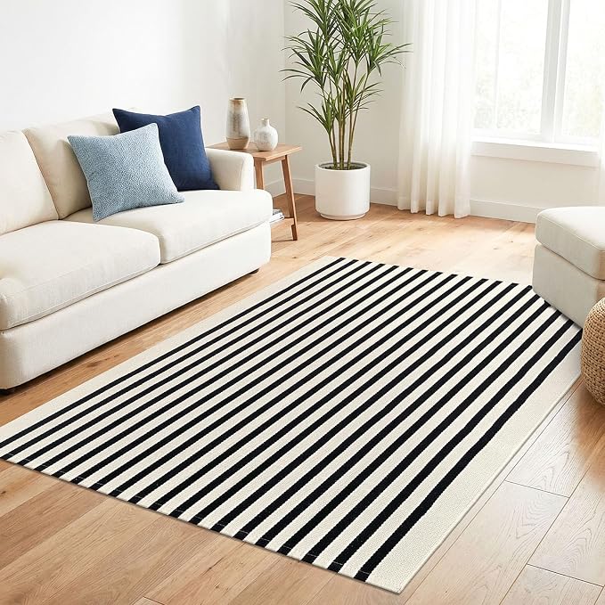 KILOCOCO Beige Striped Rug 4x6 Indoor Outdoor Rugs Washable Front Door Rugs | Cotton Front Porch Rug, Woven Living Room Rug, Low Pile Welcome Mat for Entryway, Layered Farmhouse Kitchen Patio Carpet