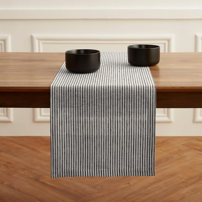 Solino Home 100% Pure Linen Table Runner, 14 x 72 in, Black, Narrow Stripe | a graceful centrepiece for dining and gatherings, woven stripe, European flax fibres, machine washable, OEKO-TEX Certified