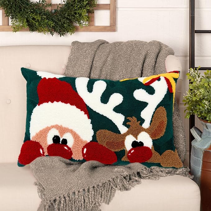 Alysheer Christmas Green Embroidered Lumbar Decorative Throw Pillow Cover 12x20, Santa Deer Tufted Embroidery Cotton Cushion Case for Sofa Couch Bed Living Room Holiday Decor Gift