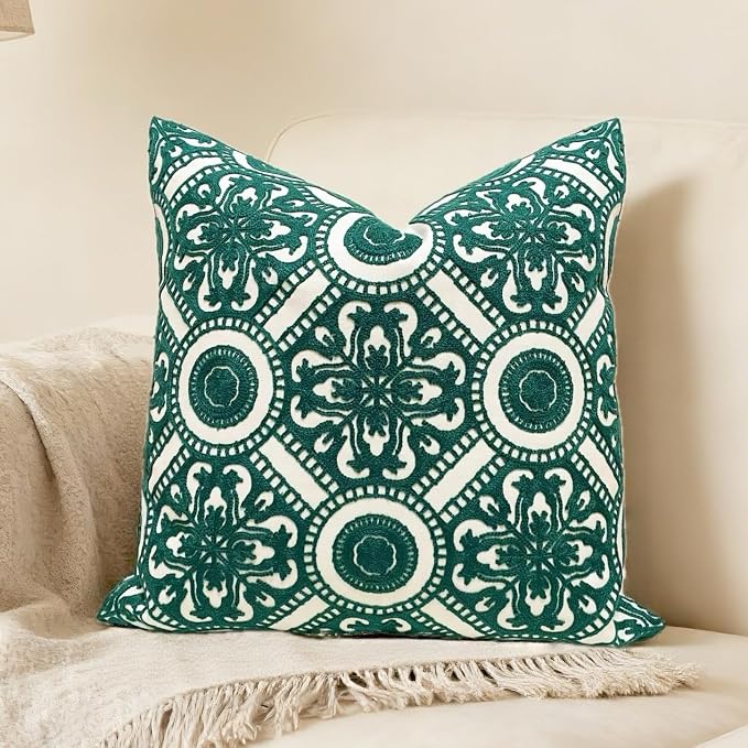 Slow Cow Embroidery Decorative Throw Pillow Cover Cushion Cover for Couch Sofa Bedroom Flower Pattern Pillowcase Accent Pillow Cover 18 x 18 Inches