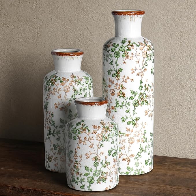 Brown and Green Ceramic Vase Set of 3, Vintage Botanical Vases for Decor | Crackle glaze and distressed rims for Tuscan living rooms, mantels and dining table centerpieces