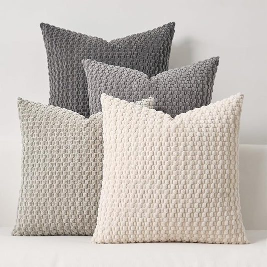 Kevin Textile Throw Pillow Covers Pack of 4 Super Soft Boho Corduroy Decor Pillow Cases Mix and Match Colors Plush Texture Pillows for Sofa Couch Living Room Chair 16x16 Inch, Cream White/Grey