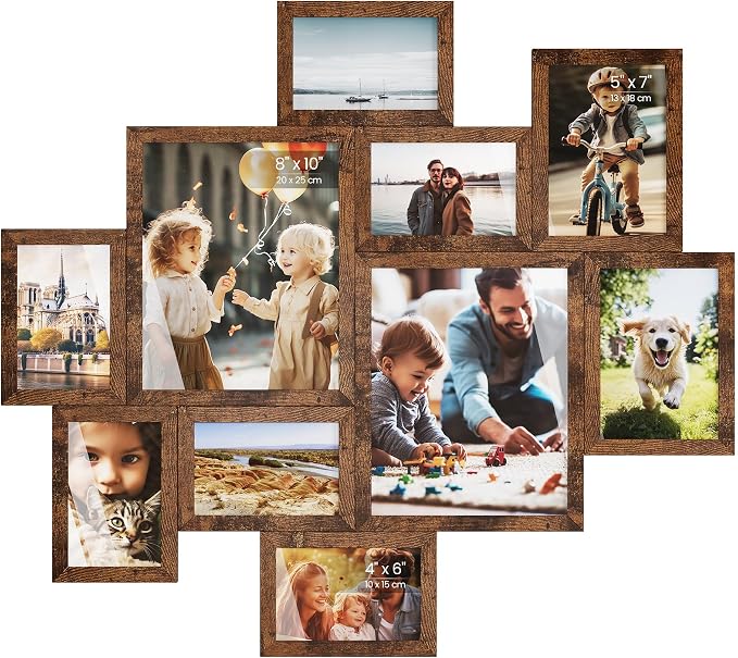 SONGMICS 10 Tool-Free Assembly Collage Photo Frames for Wall | Multi Picture Frames, Two 8 x 10 Inches, Four 5 x 7 Inches, Four 4 x 6 Inches, Rustic Brown, KAVI Collection URPF100MZ01