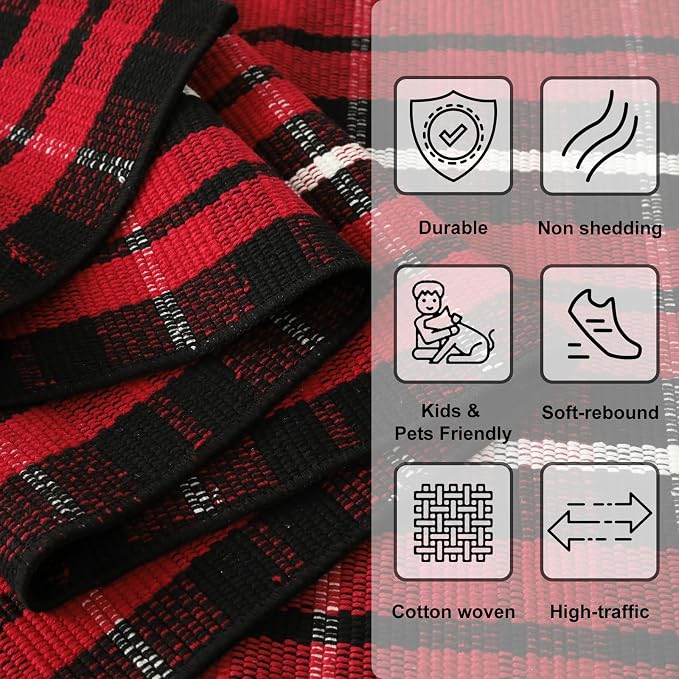 LEEVAN Christmas Red Outdoor Rug, Xmas Buffalo Plaid Washable Front Doormat | 2x4.3 Small Black and Red Checkered Entryway Rug, Woven Welcome Doormat for Layered Kitchen Bathroom Holiday Porch Decor