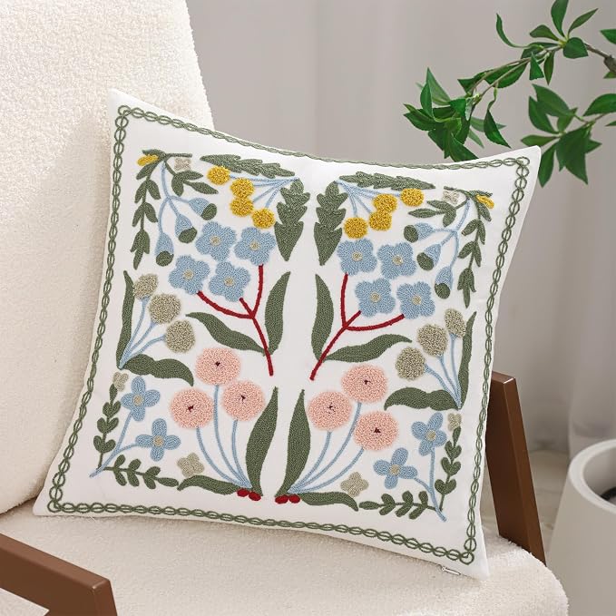 Embroidered Throw Pillow Covers 18x18 Pack of 2 Decorative Pillow Covers Blue Floral Pillowcases Farmhouse Pillow Cushion Cases Square Flower Pillow Case Summer Home Decor