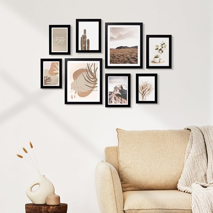 Gallery Wall Frame Set, 8 Pack Neutral Wall Decor, Black, Small | Classic Collage Picture Frames Wall Art for Living Room, Entryway, Stairway, Bedroom, Assorted Size