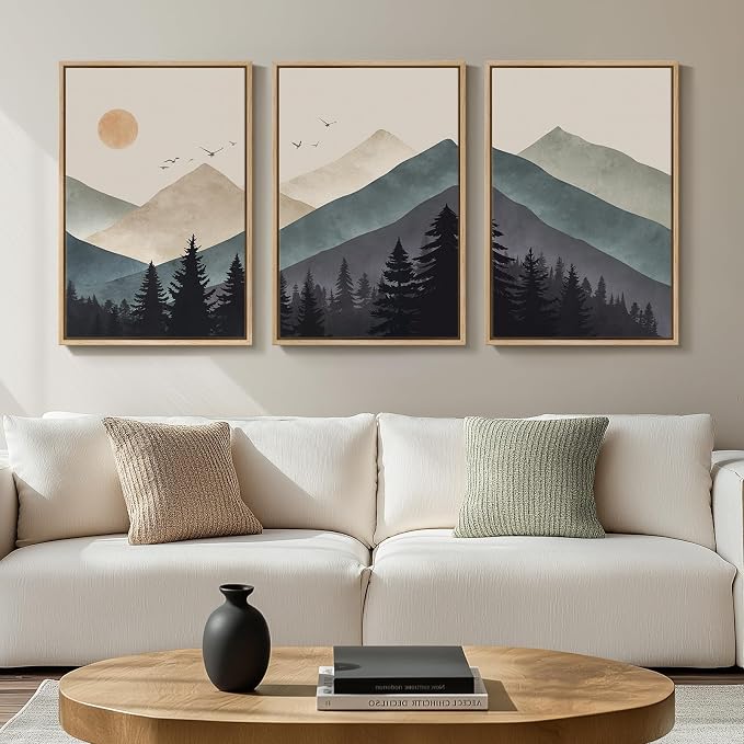 Framed Boho Mountain Forest Landscape Wall Art for Living Room, 16x24 Inch | 3 piece, Modern, Minimalist, Large, Canvas artwork, Nature, Pine tree picture, Bedroom wall decor, Ready to hang, Wood frame