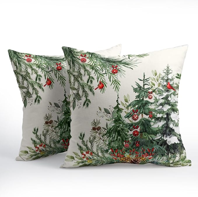 Green Christmas Tree Throw Pillow Covers 16x16 Inch Set of 2 Winter Pine Trees Red Berry Bells Birds Decorative Pillowcase Xmas Holiday Cotton Linen Cushion Cover for Home Sofa Couch Patio