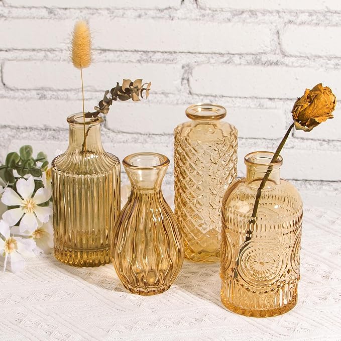 TBWIND Gold Amber Glass Bud Vases Set of 12, Small Vases for Flowers | Mini Vintage Vases, For Centerpieces, Bud Vase in Bulk, For Wedding Decor, Single Flowers, Office and Home Table Flower Décor