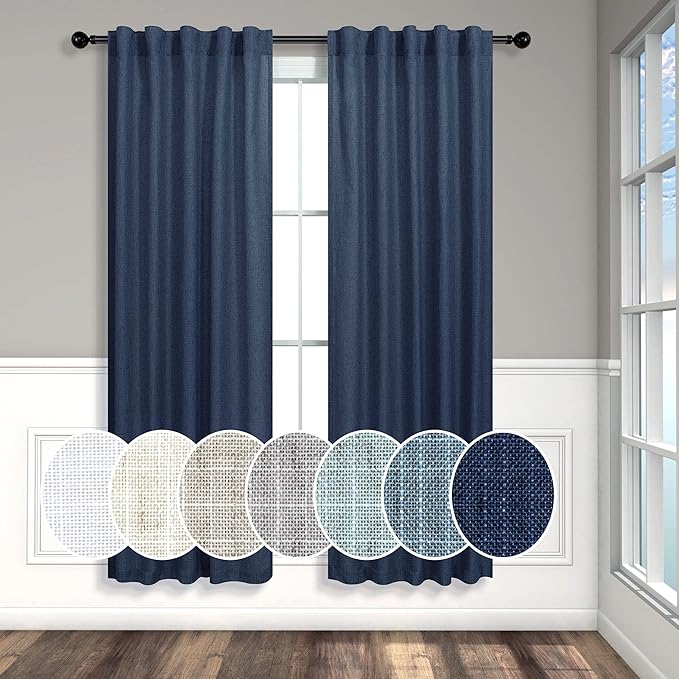 Navy Curtains 38 Inch Width for Kitchen Door 2 Panel Back Tab Pocket Semi Sheer Linen Light Filtering Skinny Small Window Curtain for Bedroom Closet Laundry Basement Bathroom Wide 38x63 Long Dark Blue