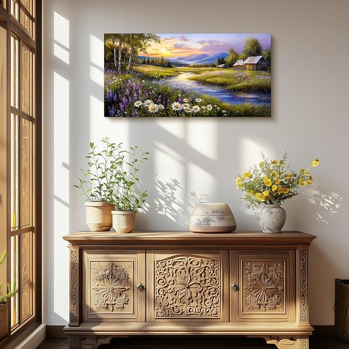 SERIMINO River Landscape Wall Decor, Countryside Sunset Art Prints 24"X48" | Rustic Country Wall Art, Meadow Wildflower Canvas Pictures, Bedroom Kitchen Decor, Ready To Hang, Fade-resistant Inks