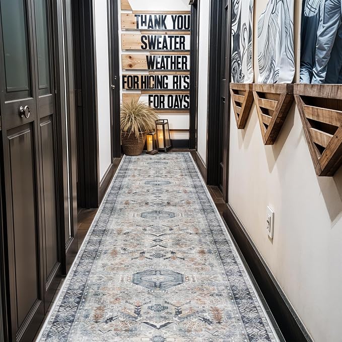 RUUGME Washable Runner Rug 2.6'x12' - Vintage Kitchen Area Rug Stain Resistant Rugs for Living Room Bedroom Laundry Room Mat Distressed Rug Hallway Floor Carpet Runner for Bathroom(Grey/Blue)