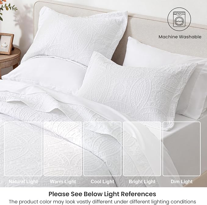 Love's cabin Queen Quilt Set White, Bed in a Bag Queen Size Bedding 7 Pieces, Ultrasonic Embossed Coin Pattern Comforter, Lightweight Bedspreads for All Seasons Quilt with Sheets, Pillowcases & Shams