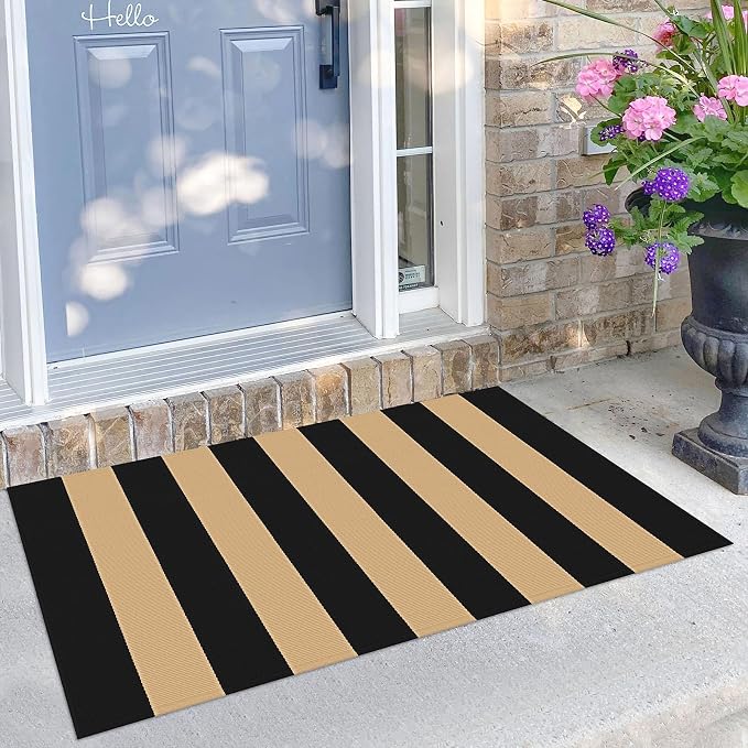 KILOCOCO Striped Rug 2.3'x3.6' Indoor Outdoor Rugs Front Door Mat, Brown | Cotton Washable Striped Front Porch Rug, Woven Layered Doormats, Welcome Mat for Entryway, Low Pile Kitchen Rugs