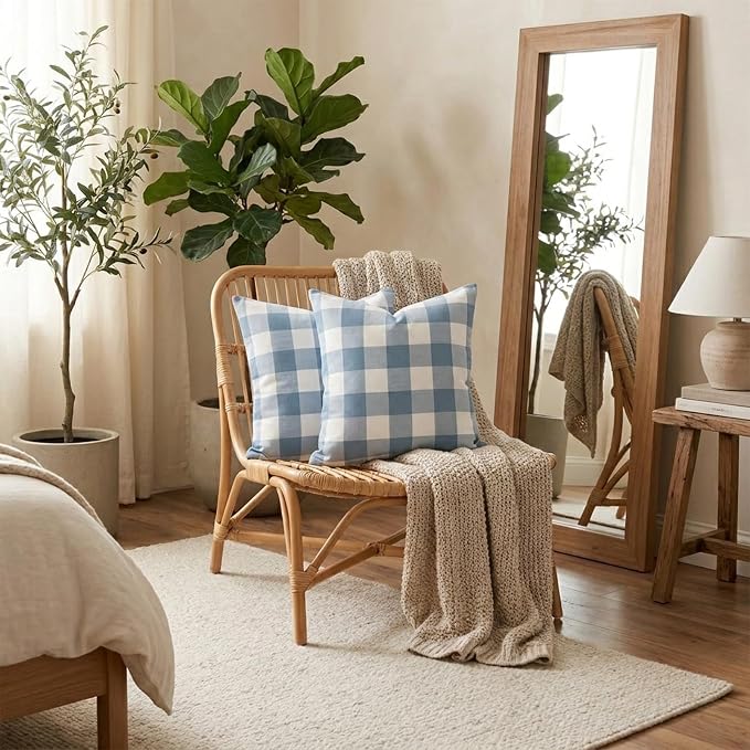 CARRIE HOME Light Blue Farmhouse Buffalo Plaid Pillow Covers 18x18 Set of 2 Blue and White Outdoor Pillow Covers 18 x 18 Decorative Throw Pillows for Sofa Couch Bedroom, Grey Blue and White