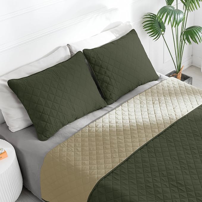 Easy-Going Reversible Quilt Set California King, Bedspread with 2 Shams | Army Green/Beige, Machine Washable Lightweight Bed Comforter, 1 Quilt + 2 Pillow Shams, All-Season Coverlets