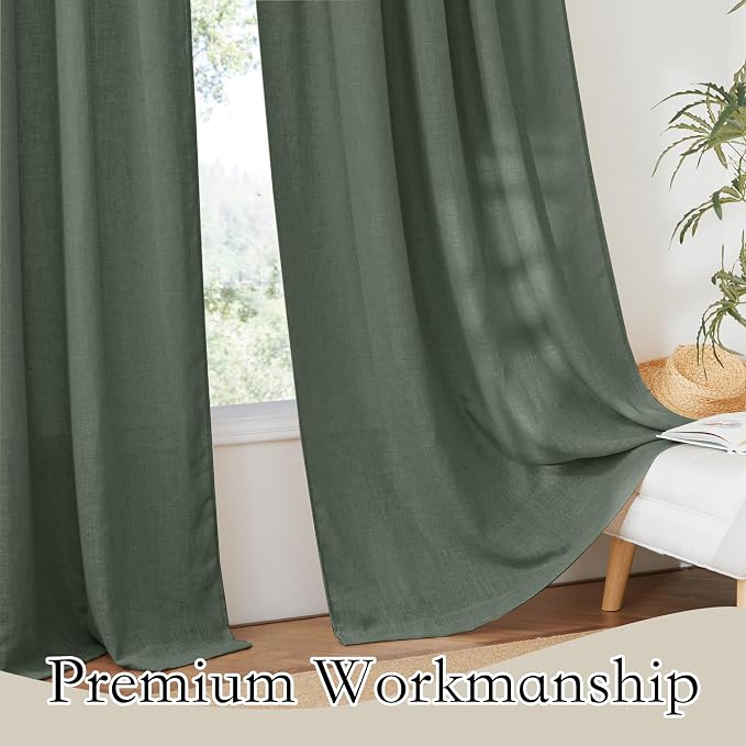 RYB HOME Green Linen Sheer Curtains 102 inches Long, Thick Heavy Textured Rod Pocket Machine Washable Privacy Assured for Living Room Bedroom, W 52 x L 102 inches, Hunter Green, 2 Panels