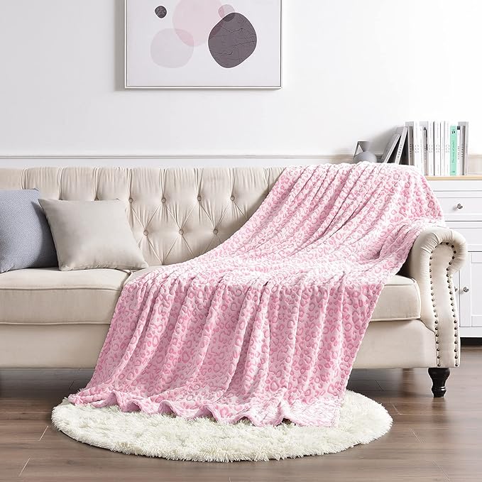 PLEASANT BOULEVARD | Leopard Throw Blanket Fleece, Premium Lightweight Cozy Warm Plush Microfiber Pink Blanket for Couch Sofa and Bed (Pink, Queen (90 x 90 inches))
