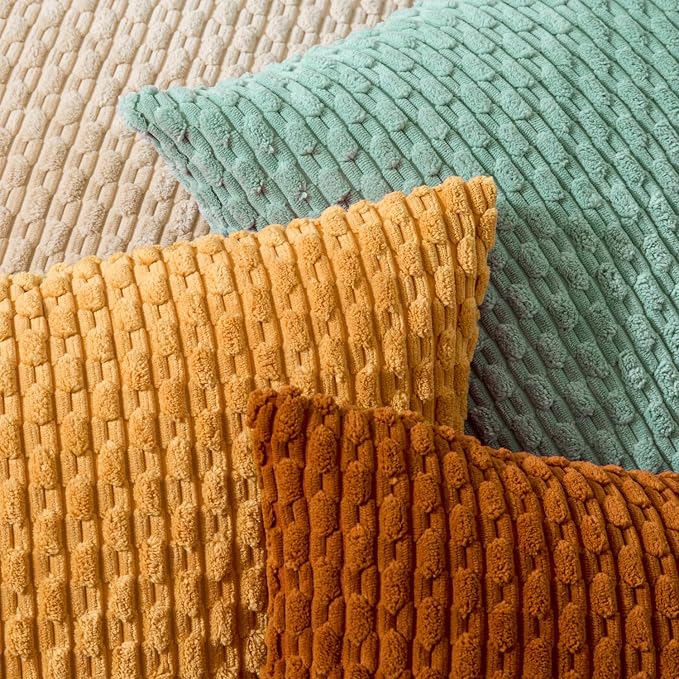 Kevin Textile Decorative Pillow Covers 18x18 Inch Set of 4 Soft Boho Corduroy Throw Pillow Cases Mix and Match Colors Plush Texture Throw Pillows for Sofa Couch Bedroom Home Decor Orange/Teal