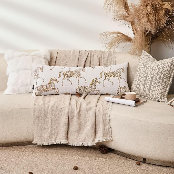 Decorative Lumbar Pillow Cover 14x36 Inch, Double Sided Running Orange Horse Design Long Pillow Covers, Decorative Cushion Cover Couch, Sofa, Living Room, Bedroom