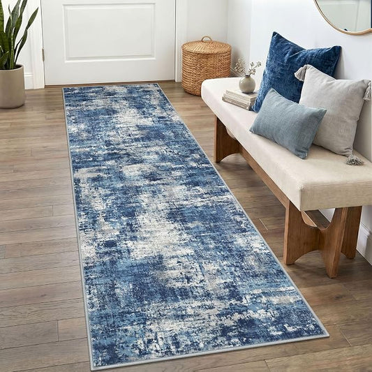 Lansny Abstract Washable 2x6 Hallway Runner Rug Non Slip Kitchen Runner | Blue;Thin Printed Faux Wool Rug Runners;Entryway Runner Indoor;Rubber Backed 6ft Carpet Runners for Hall;Bedroom Runner