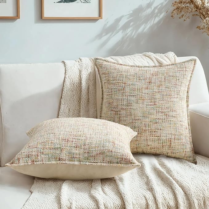 HAUSSY Pack of 2 Chenille Tweed Throw Pillow Covers 18x18 Inch, Colorful