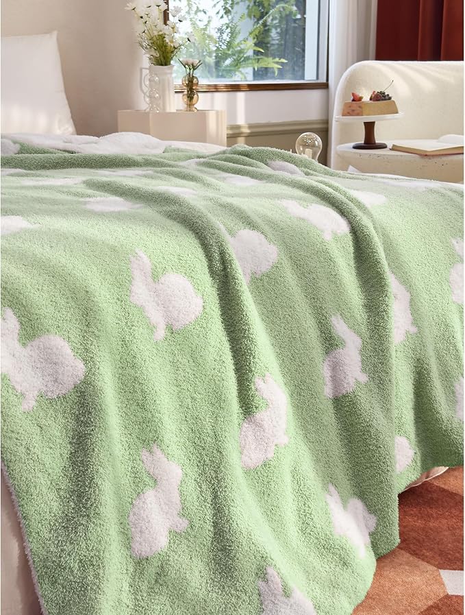 Ultra Soft Cozy Happy Easter Rabbits Spring Knitted Throw Blanket Fluffy Microfiber Checkerboard Bed Blanket Lightweight Both Sides Blanket for Couch Sofa Bed… (Rabbit Green, Throw 50“x60”)