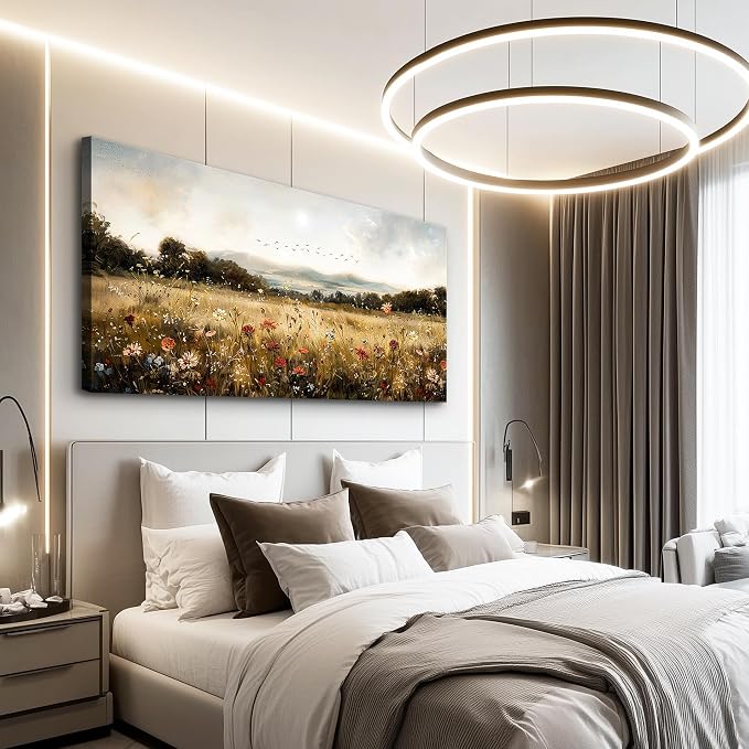 KELIYUAN Canvas Wall Art For Kitchen Dining Room Vintage Decor, Lawn Paintings With Flowers Wall Decor Prints Home Office Living Room Bedroom Decoration Home Decor, Can Be Hung Directly 20 "X 40"