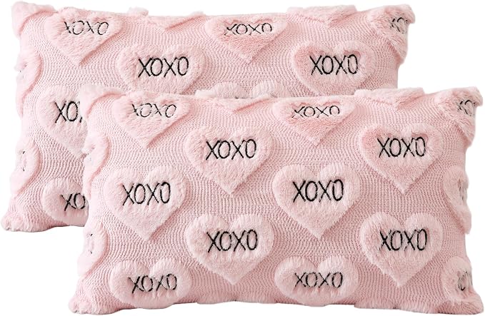 Artscope Valentines Pillow Covers 12x20 Set of 2 Decorative Love Heart XOXO Valentine's Day Throw Pillow Cases Soft Plush Faux Fur Couch Cushion Case for Holiday Sofa Bed Room Home Decor-Pink XOXO