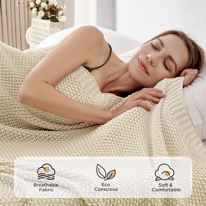 Joydeco Chunky Cable Knit Throw Blanket, Lightweight 100% Cotton Soft Cozy Throw Twin Blanket for Couch Bed and Sofa, Rustic Breathable Farmhouse Blanket Gift for Women Men(Cream White, 51"x63")