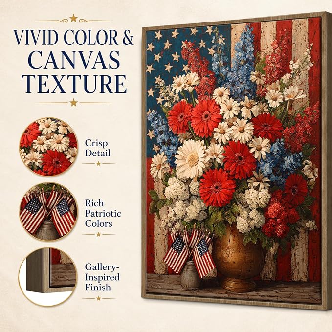 American Flag Framed Canvas Wall Art, 4th of July Patriotic Canvas Prints | Boy Holding USA Flag Poster Print, Modern Independence Day Wall Decor for Living Room Kids Room Dining Room Office 24×36in