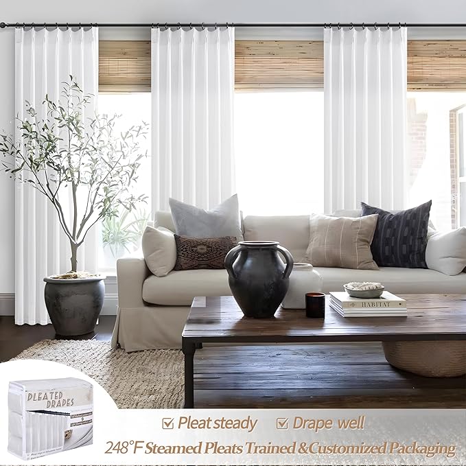 White Linen Sheer Curtains 84 Inches Long 2 Panels, Neutral Textured Pinch Pleated 7ft Light Filtering Drapes for Living Room Elegantes with Hooks Track System&Back Tab Window Panels Office at Home