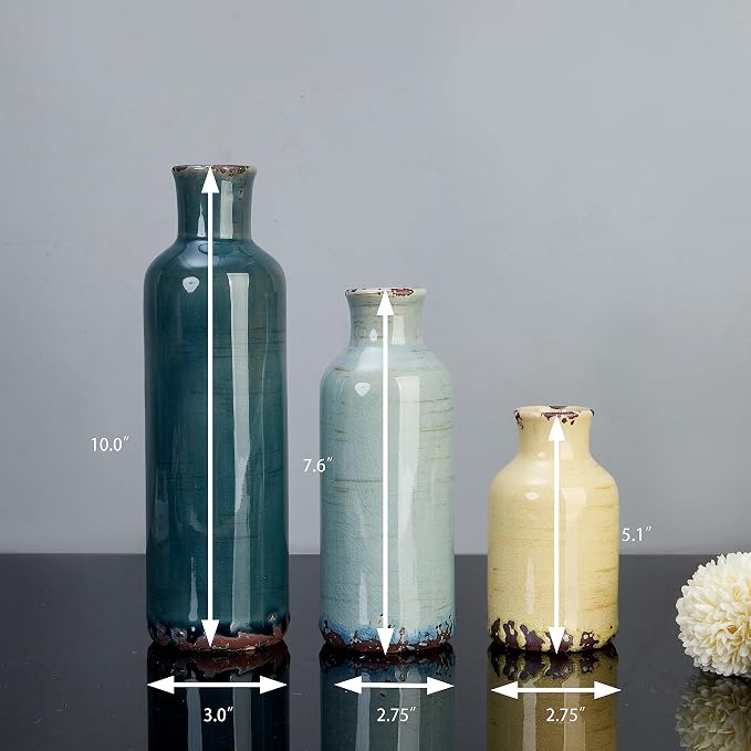 Tenvy Multi-Color Ceramic Crackled Glazed Vase Set 3, Rustic Farmhouse Decorative Vase for Home, Office & Events