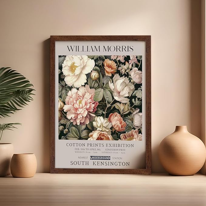 Poster Master William Morris Poster - Pink Peonies Print - Flower Art - Botanical Art - Exhibition Illustration - Textile Pattern Illustration - Floral Illustration - Aesthetic Office or Bedroom Decor - 16x20 Brown Framed