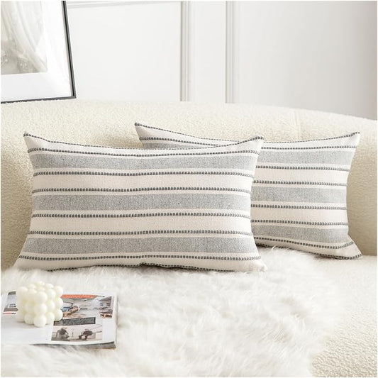 Cethom Decorative Boho Lumbar Throw Pillow Covers, Farmhouse Textured Pillow Case, 12 x 20 Inch Set of 2, Chair Sofa Bedroom Living Room Home Decor Couch Cushion Case, Grey and Beige
