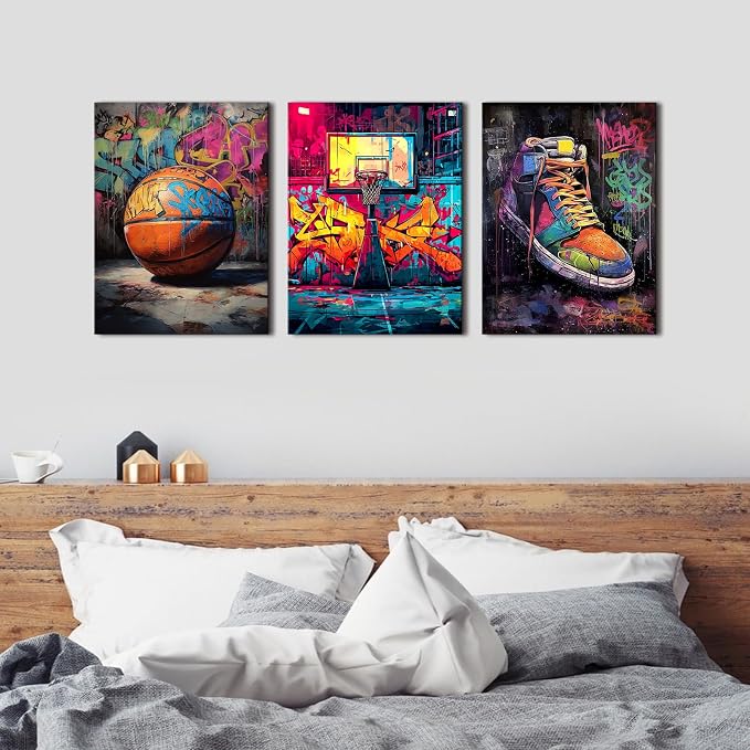 Graffiti Basketball Canvas Wall Art Vintage Basketball Court Posters for Boys Room Motivational Sports Themed Painting Prints treet Pop Art Canvas Pictures for Mens Bedroom Home Decorations 12x16" 3Pcs