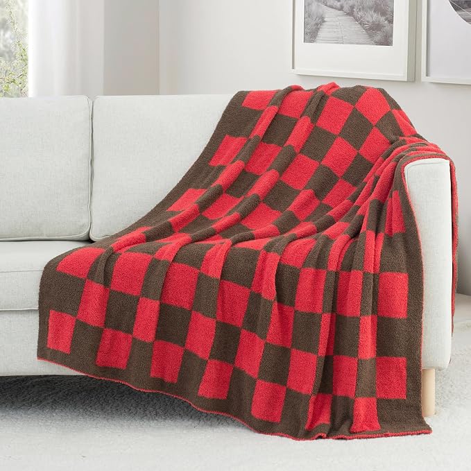 Carriediosa Checkered Throw Blanket 50x60, 400GSM Ultra Soft Microfiber | Red, Fuzzy Fluffy Cozy Plush Knit Knitted Plaid Checker, Lightweight Cute Preppy Fall Blankets & Throws for Couch, Bed