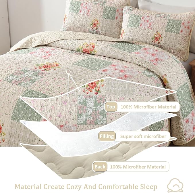 Mybedsoul Beige Boho Quilts Queen Size, Patchwork Reversible Bedding Set | Soft Lightweight Microfiber Floral Coverlet Set, 3 Pieces Plaid Bedspread, Bed Sets for All Seasons 96"x90"