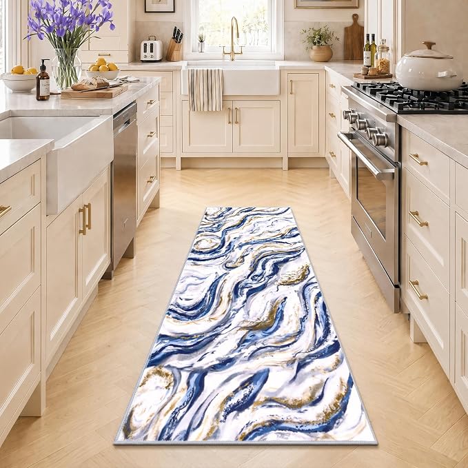 Yamaziot 2x5 Washable Modern Abstract Runner Rug Non-Slip for Hallways | Stain Resistant Kitchen Rug with Rubber Backing, Low Pile, Ultra Soft Carpet Runner for Bedroom, Laundry, Entrance,Blue