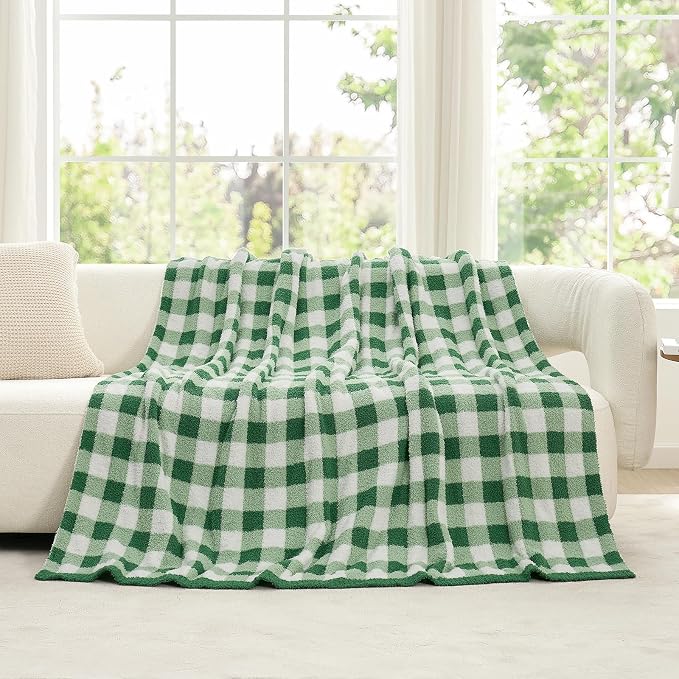 Snuggle Sac Buffalo Plaid Bedding Blanket Twin Size, Super Soft, Cozy Warm Knit Decorative Blankets, Reversible Plaid Fluffy Throws for Bed, Plaid Green, 60x80 Inches