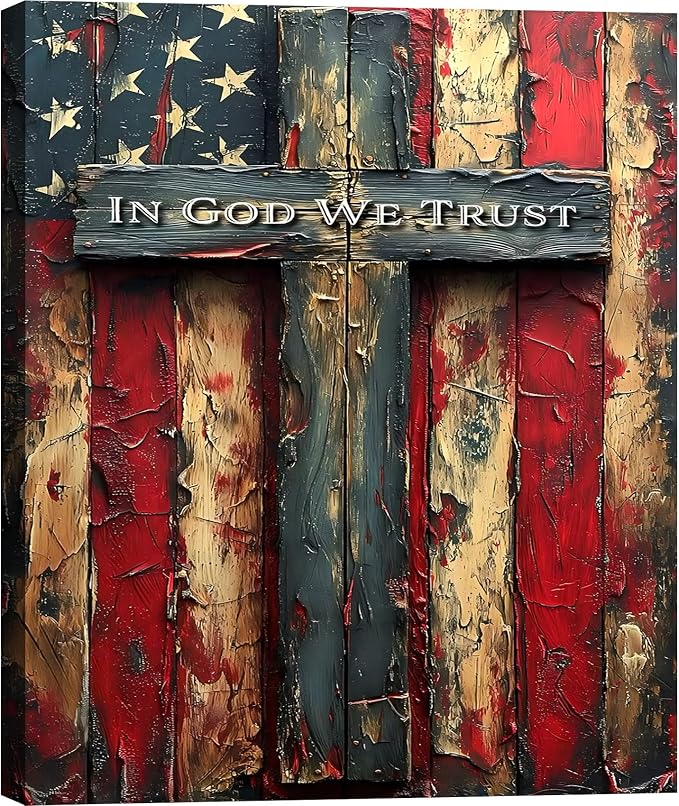 Framed Vintage Cross American Flag Wall Art, Patriotic Rustic Canvas Art Pictures, USA Flag Wall Decor, Made in USA Ready to Hang for Living Room Garage