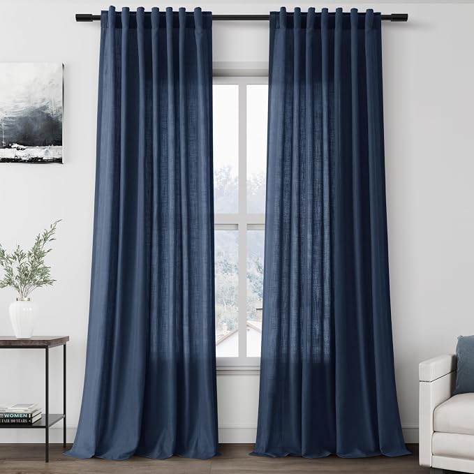 Denim Blue Linen Curtains 96 Inches Long 2 Panels Set for Living Room Rod Pocket Back Tab Semi Sheer Light Filtering Protect Privacy Denim Blue Curtain for Bedroom Floor Length 52x96