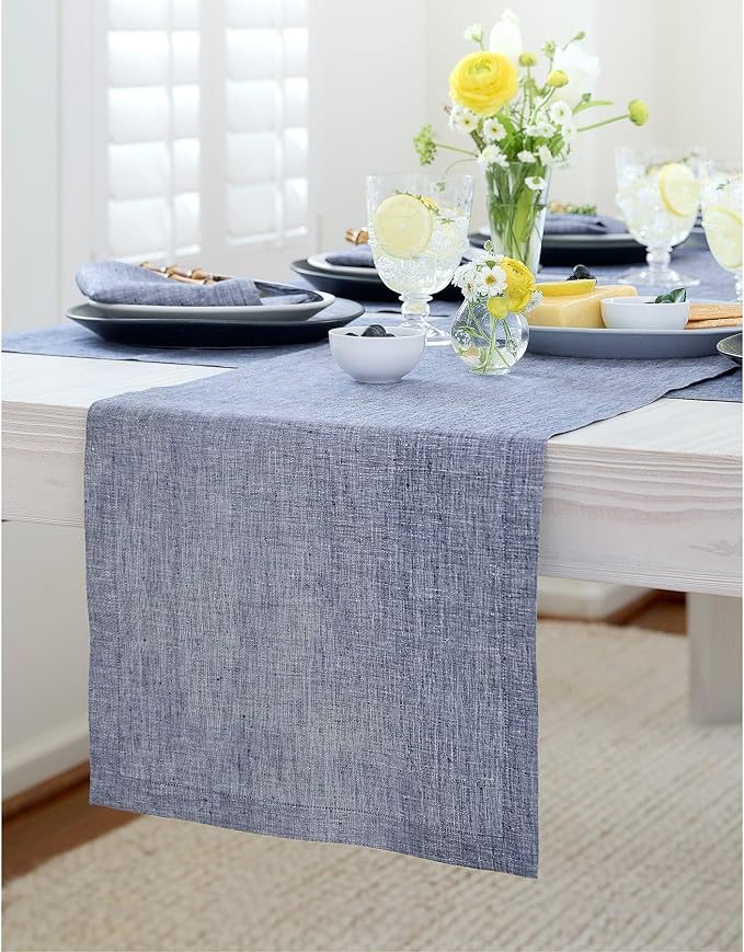 Solino Home 100% Pure Linen Table Runner Indigo Long, Athena 14 x 156 in | a graceful centrepiece for dining and gatherings, European flax fibres, gift ready packaging, soft, fine, OEKO-TEX Certified